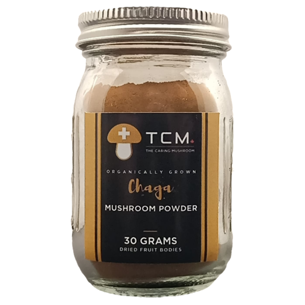 Organic Chaga functional mushroom powder from The Caring Mushroom Co., 30-gram jar.