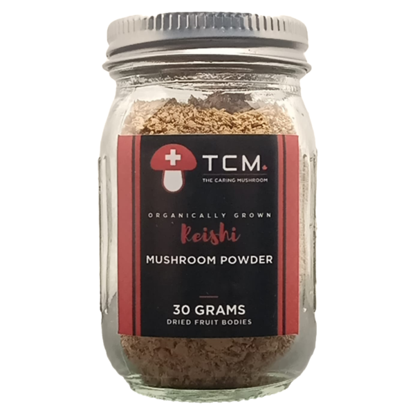 Organically grown Reishi functional mushroom powder in a 30-gram jar from The Caring Mushroom Co.